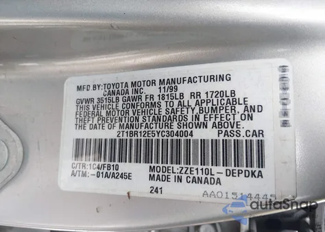 2000 Toyota Corolla Ce z USA, uszkodzony, nr VIN 2T1BR12E5YC304004